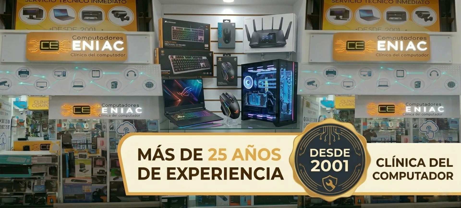 Computadores Eniac - Tienda Física desde 2001 Fachada de la tienda física Computadores Eniac - Clínica del computador en Rionegro, especialistas con más de 25 años de experiencia técnica.